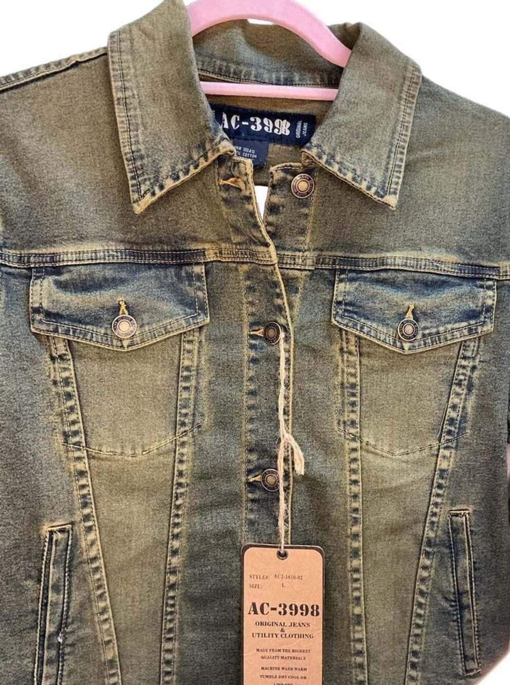 AC-3998 Olive Green Acid Wash Denim Trucker Jacket Size L